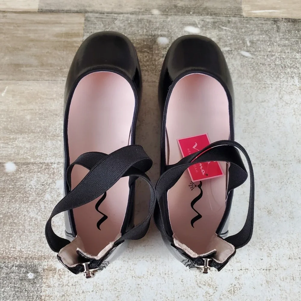 Nina Marissa Girls Ballet Flats Sz 1 M Black Crinkle Crisscross Strap Back Zip